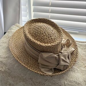 Straw Boater Hat with Beige Bow - Women Accessories